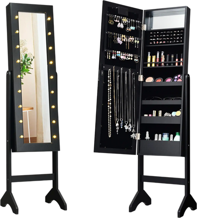 Costway Mirrored Standing Jewelry Armoire Cabinet with LED Lights 43186520 New