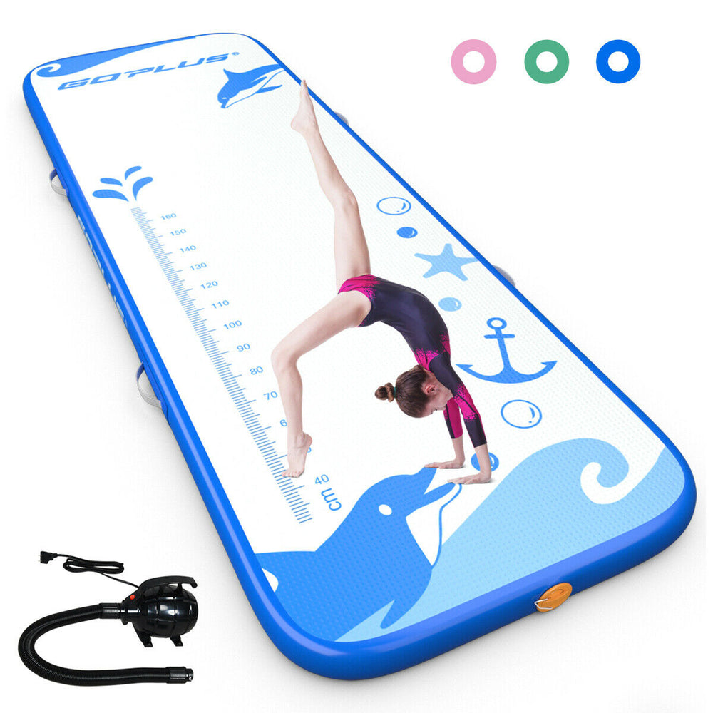 Inflatable 10 feet gymnastic tumbling mat in blue, made of durable drop stitch material, ideal for home or outdoor.