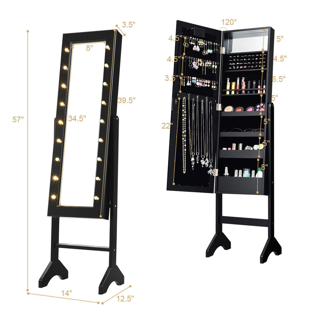 Black mirrored jewelry cabinet armoire with LED lights, showcasing a full-size mirror and organized storage for rings.