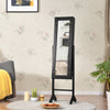 Full-length black mirrored jewelry cabinet armoire with LED lights, featuring earring lines, ring slots, and storage.