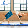 Inflatable 10 feet gymnastic tumbling mat in blue, ideal for yoga and workouts, shown in use with a person performing a.