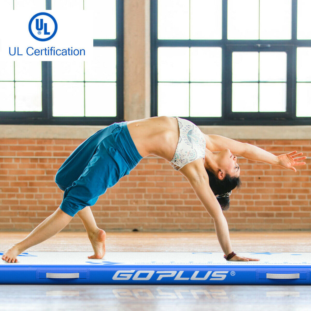 Inflatable 10 feet gymnastic tumbling mat in blue, ideal for yoga and workouts, shown in use with a person performing a.