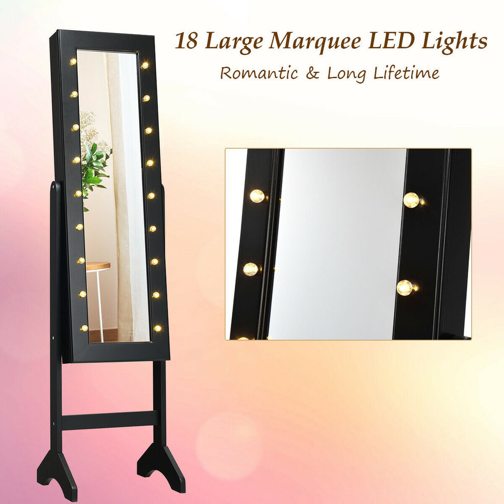 Full-length black mirrored jewelry cabinet armoire with 18 LED lights, featuring storage for earrings, rings, and.