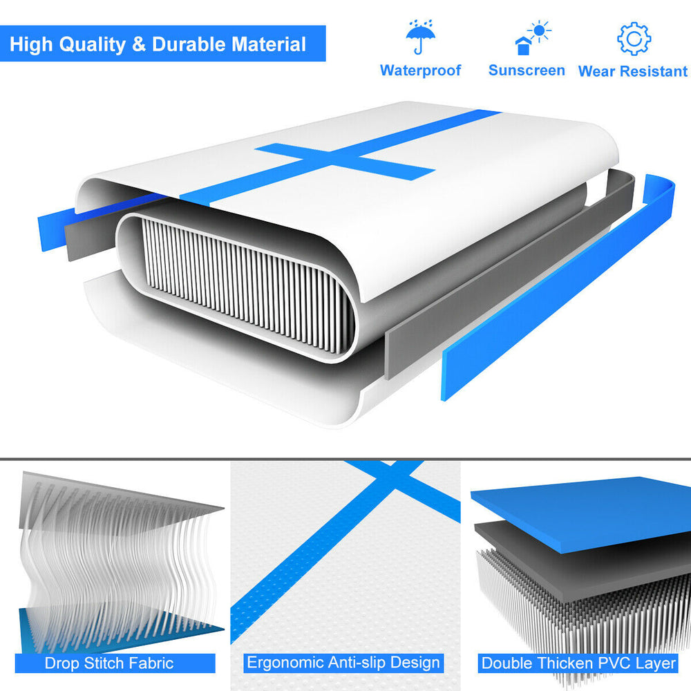 Inflatable gymnastic tumbling mat in blue, made of durable drop stitch material, ideal for home or outdoor workouts.