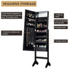 Freestanding black mirrored jewelry cabinet with LED lights, featuring earring slots, ring storage, and a makeup mirror.