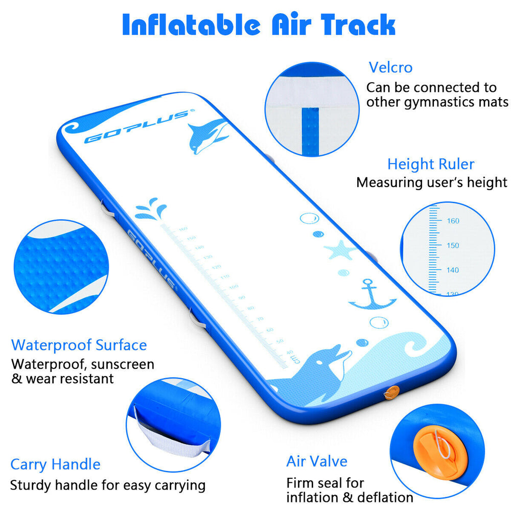 Close-up view of the inflatable gymnastic tumbling mat in blue, showcasing the waterproof surface and sturdy handle for.