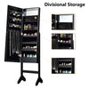 Full-length mirrored jewelry cabinet organizer in black with LED lights, featuring multiple storage options for jewelry.