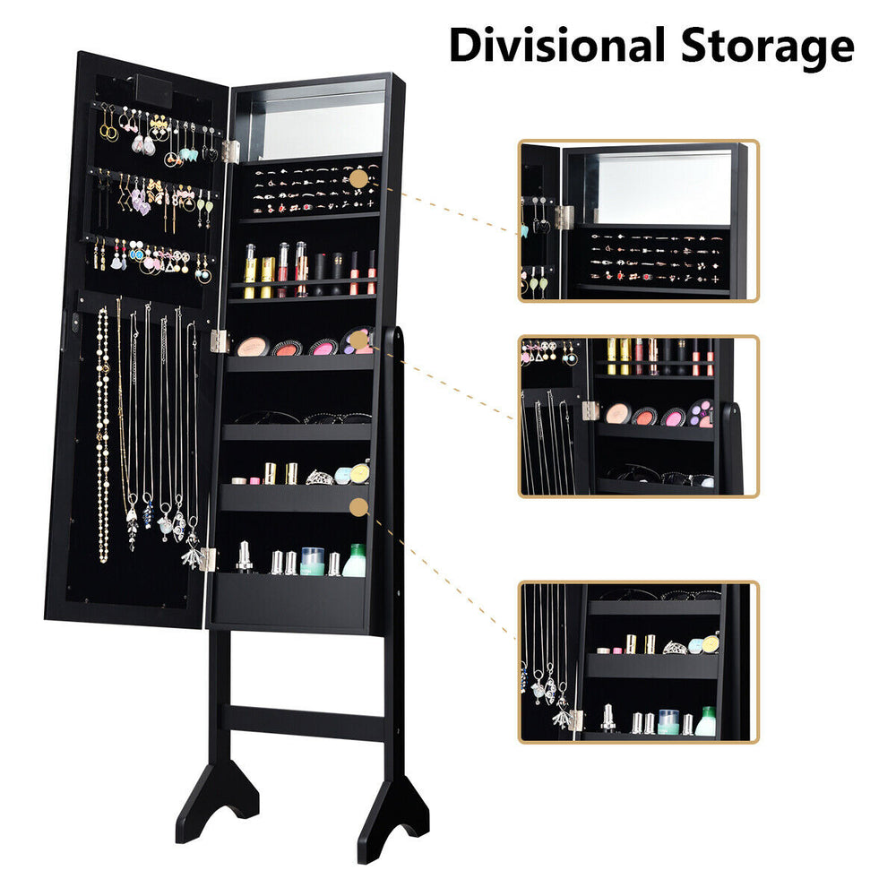 Full-length mirrored jewelry cabinet organizer in black with LED lights, featuring multiple storage options for jewelry.
