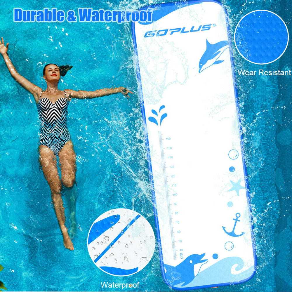 Inflatable gymnastic tumbling mat in blue, made of durable waterproof material, ideal for workouts and water activities.