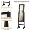 Black mirrored jewelry cabinet armoire with LED lights, showcasing the sturdy wooden look foot and easy open groove.