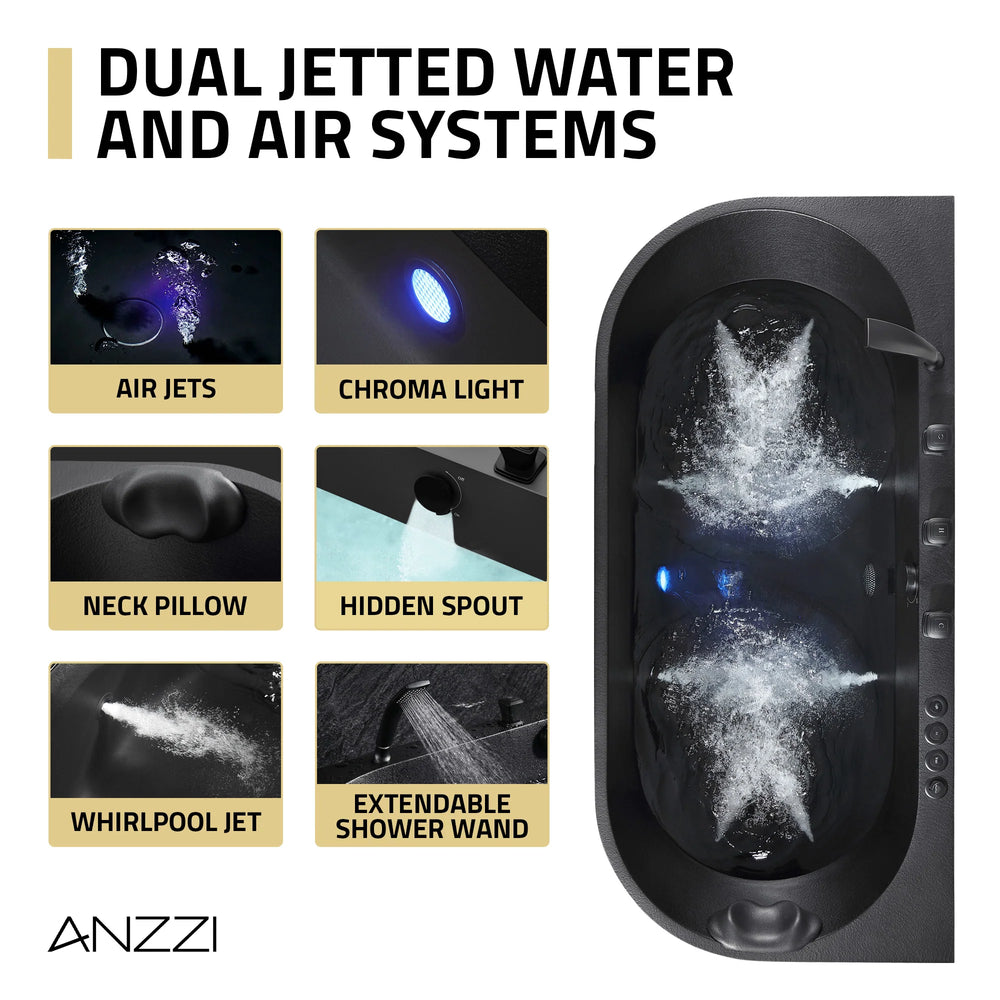 Anzzi Stone Belle Bathtub 67 x 32 in. Flat Bottom Freestanding with Massage Jets and Lights New