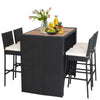 5-piece patio dining set featuring a solid acacia wood tabletop, PE wicker, and soft padded cushions for outdoor.