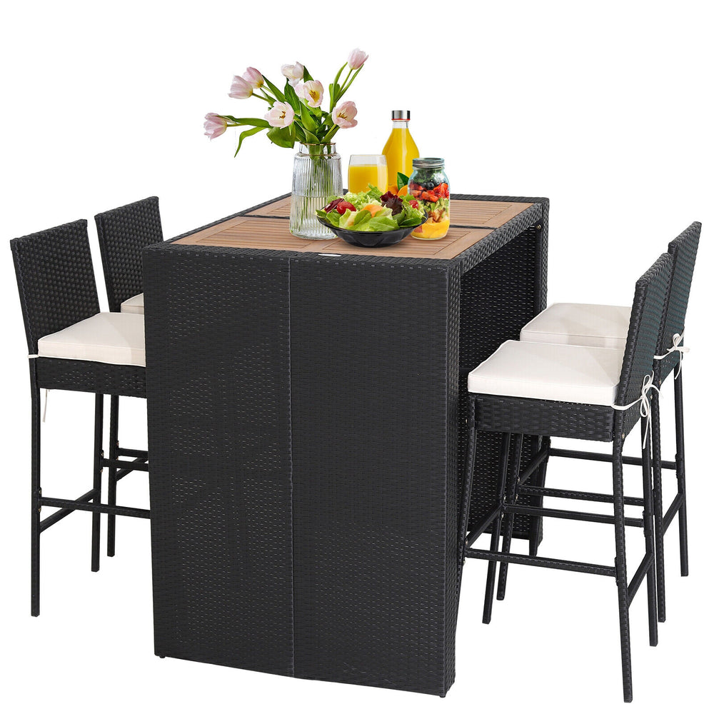 5-piece patio dining set featuring a solid acacia wood tabletop, PE wicker, and soft padded cushions for outdoor.