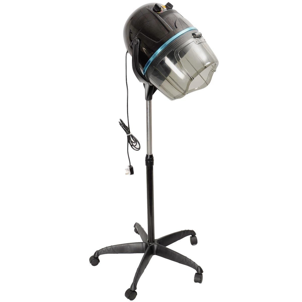 Salon standing hair dryer with adjustable temperature, swivel hood, and portable design on wheels for easy.