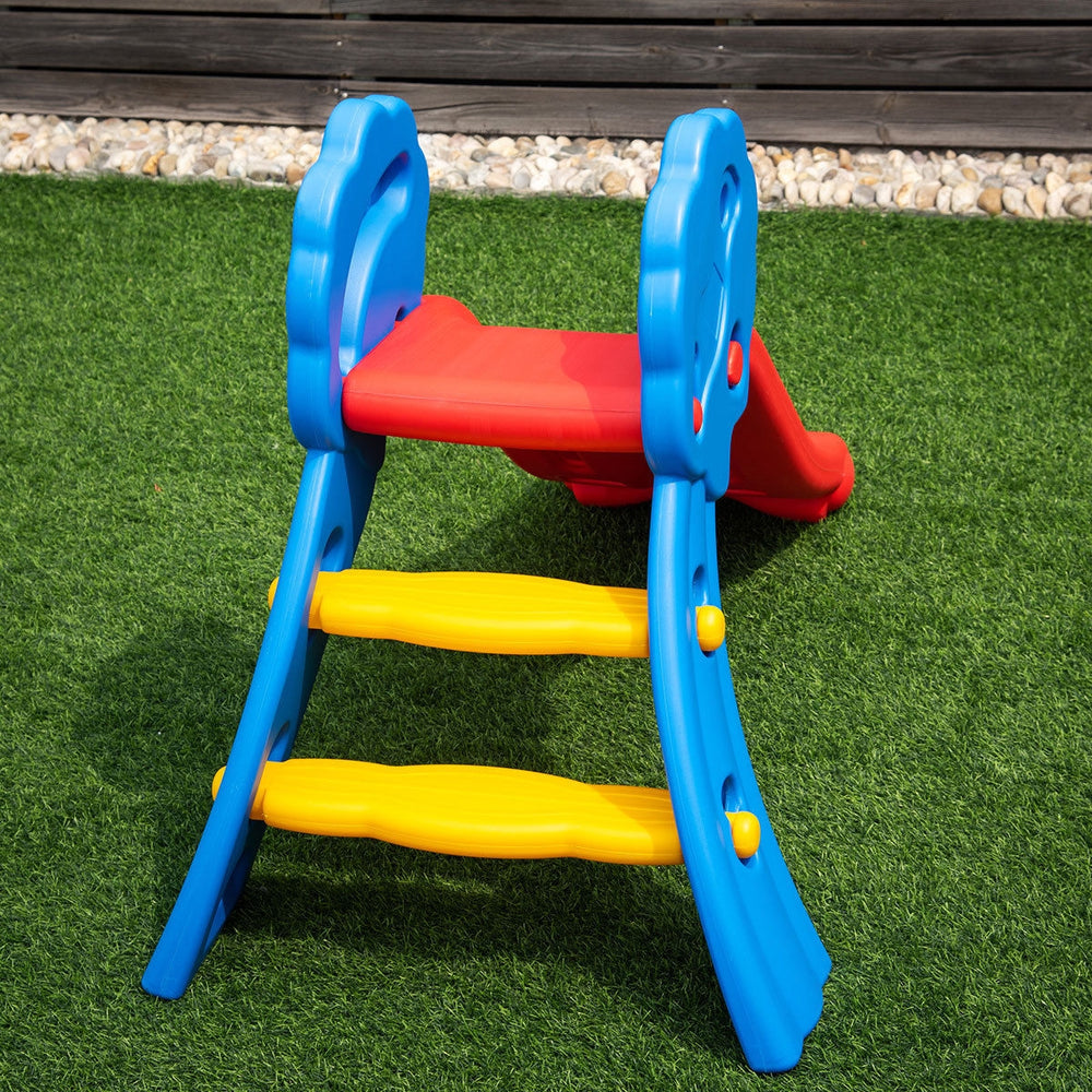 Colorful children's folding up-down slide with sturdy steps and smooth edges, perfect for indoor and outdoor play.