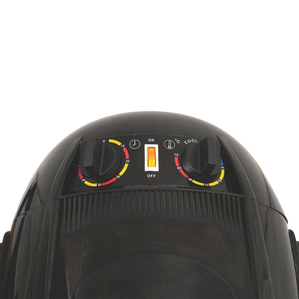 Top view of the Salon Standing Hair Dryer Bonnet with adjustable temperature controls and timer for hair treatments.