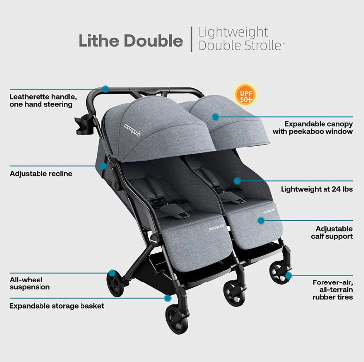 Mompush S3101 Lithe Side by Side Double Stroller Lightweight Compact Light Grey