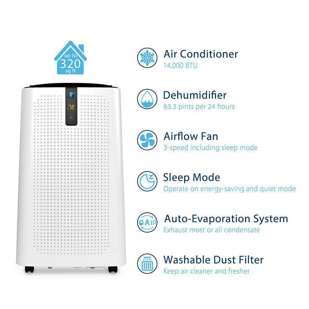 JHS A018-14KR/C 14000 BTU 3-in-1 with 3 Fan Speeds Digital LED Display 320 Sq. Ft. Portable Air Conditioner with Dehumidifier and Remote White New