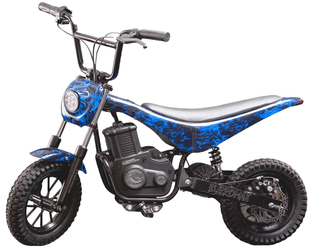 Burromax TT350R 24V 350W Kids Off Road Electric Ride On Mini Pocket Dirt Bike Blue Flames New