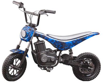 Burromax TT350R 24V 350W Kids Off Road Electric Ride On Mini Pocket Dirt Bike Blue Flames New