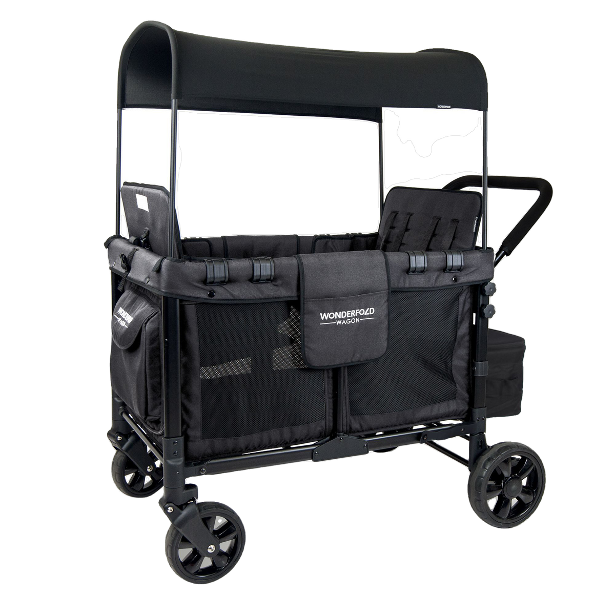 WonderFold Baby W4 Multi-Function Folding Quad Stroller Wagon with Removable Canopy and Seats Gray & Black New