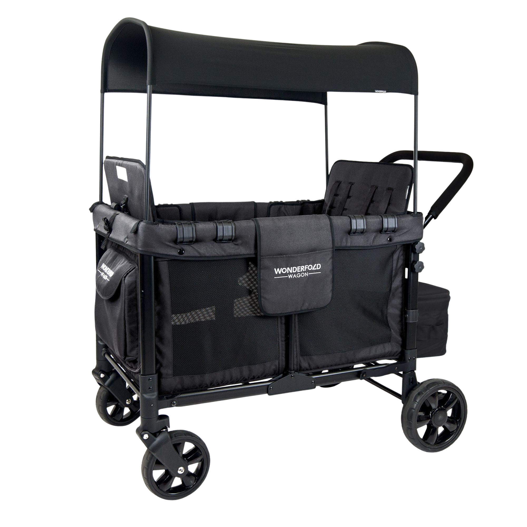 WonderFold Baby W4 Multi-Function Folding Quad Stroller Wagon with Removable Canopy and Seats Gray & Black New