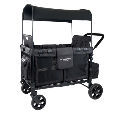 WonderFold Baby W4 Multi-Function Folding Quad Stroller Wagon with Removable Canopy and Seats Gray & Black New