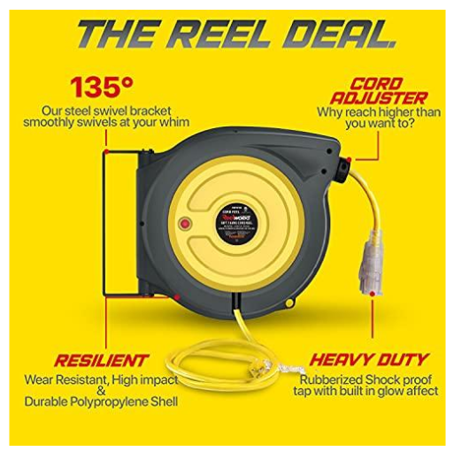 ReelWorks GUR024 14 AWG x 50' 13A 3 Grounded Outlets Mountable Retractable Extension Cord Reel New