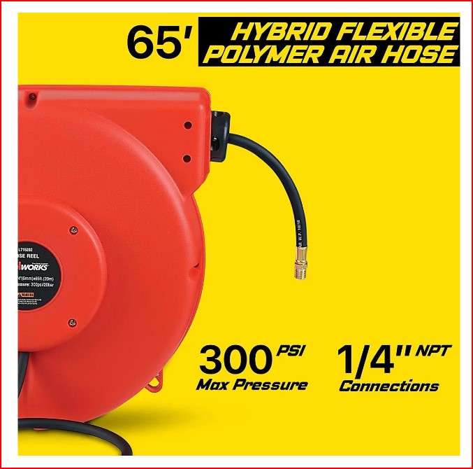 ReelWorks GUR016 Mountable Retractable Air Hose Reel 3' Lead-In Hose 1/4" NPT Connections 1/4" x 65' New