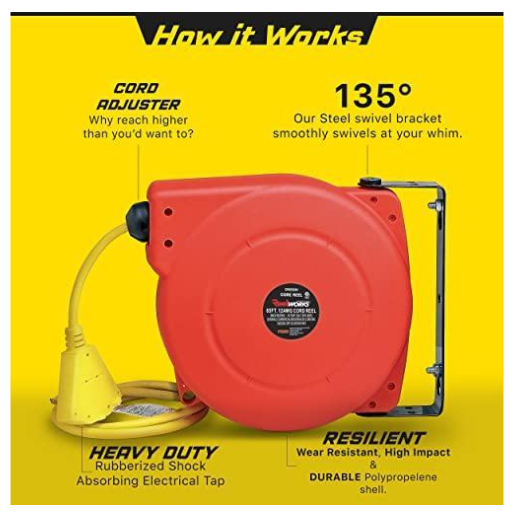 SuperHandy Cord Reel, Retractable, (14AWG x 50' Ft) 3 Outlet - Works with  Alexa 