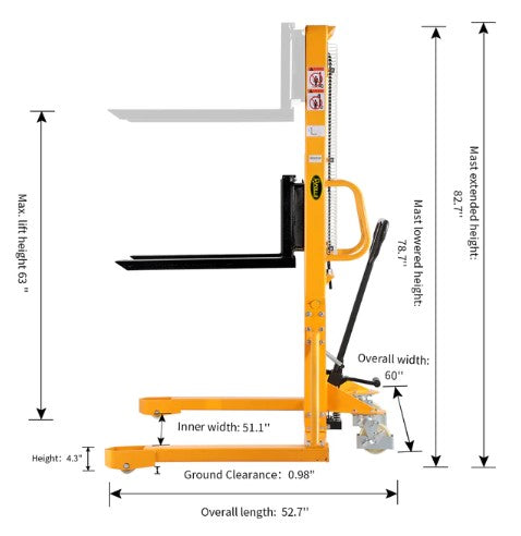 Apollolift A-3004 63" Lifting Height 1100 lbs. Capacity Manual Straddle Stacker New