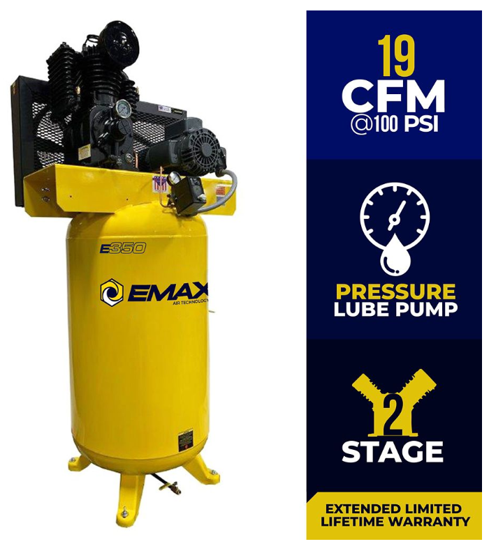 EMAX EI05V080I1 Industrial 80 Gal. 5 HP 1-Phase 2 Stage Inline Pressure Lubricated Pump Air Compressor New