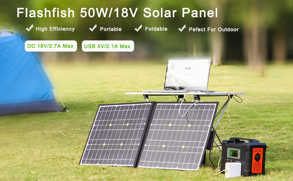 Flashfish 50W 18V Portable Foldable Solar Panel With 5V USB 18V DC Output Compatible With Portable Generators, Smartphones, Tablets And More New