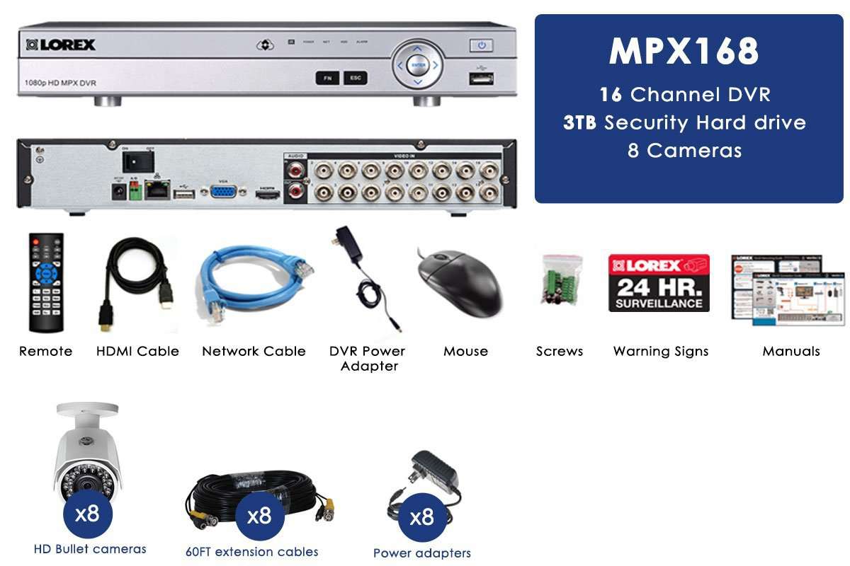 Lorex MPX168W 1080P HD Weatherproof 8 Camera 16 Channel 3 TB MPX DVR Surveillance Security System New