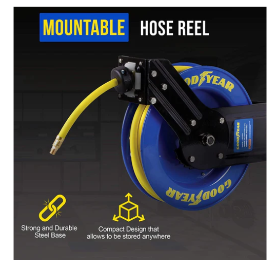 Goodyear 3/8" x 25' 300 PSI 1/4" NPT Connection Single Arm Retractable Air Hose Reel New
