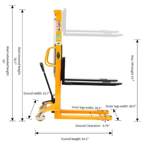 Apollolift A-3002 63" Lifting Height 1100 lbs. Capacity Adjustable Forks Manual Straddle Stacker New
