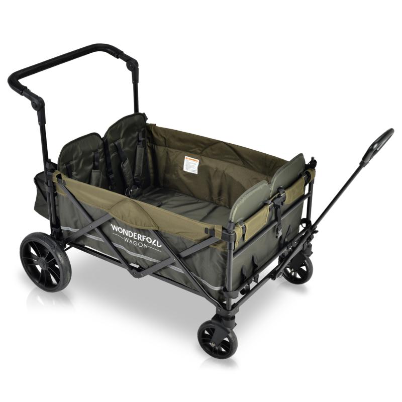WonderFold Baby X4S Push/Pull 4-Passenger Quad Double Stroller Wagon with Automatic Magnetic Seatbelt Buckles Green New