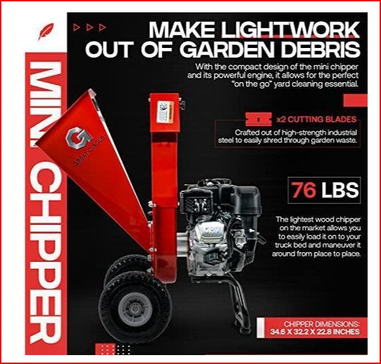 G GUO054 Mini Wood Chipper and Shredder 7HP 212CC Gas Engine 3" Max Branch Diameter New