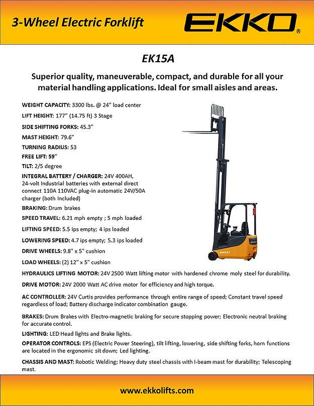 Ekko EK15A Power Drive and Lift 3 Wheel Forklift 177" Lift 3300lb Capacity New