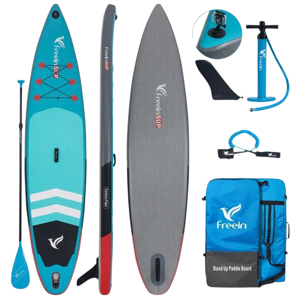 Freein 11' 6" or 12' 6" Racer Touring Inflatable SUP Stand Up Paddle Board Package Dual Action Pump Camera Mount  New