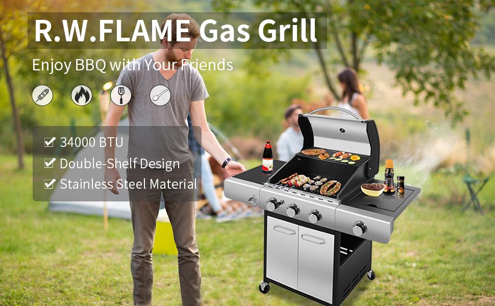 RW Flame G913 34000 BTU Liquid Propane Outdoor Grill 3-Burners Plus Side Burner Stainless Steel New