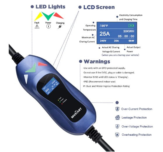 MUSTART レベル2 ポータブルEV充電器（240ボルト、25フィートケーブル、40アンペア） 40Amp NEMA14-50 : MUSTART Level 2 EV Charger, 40 Amp, 240 Volt, 25ft