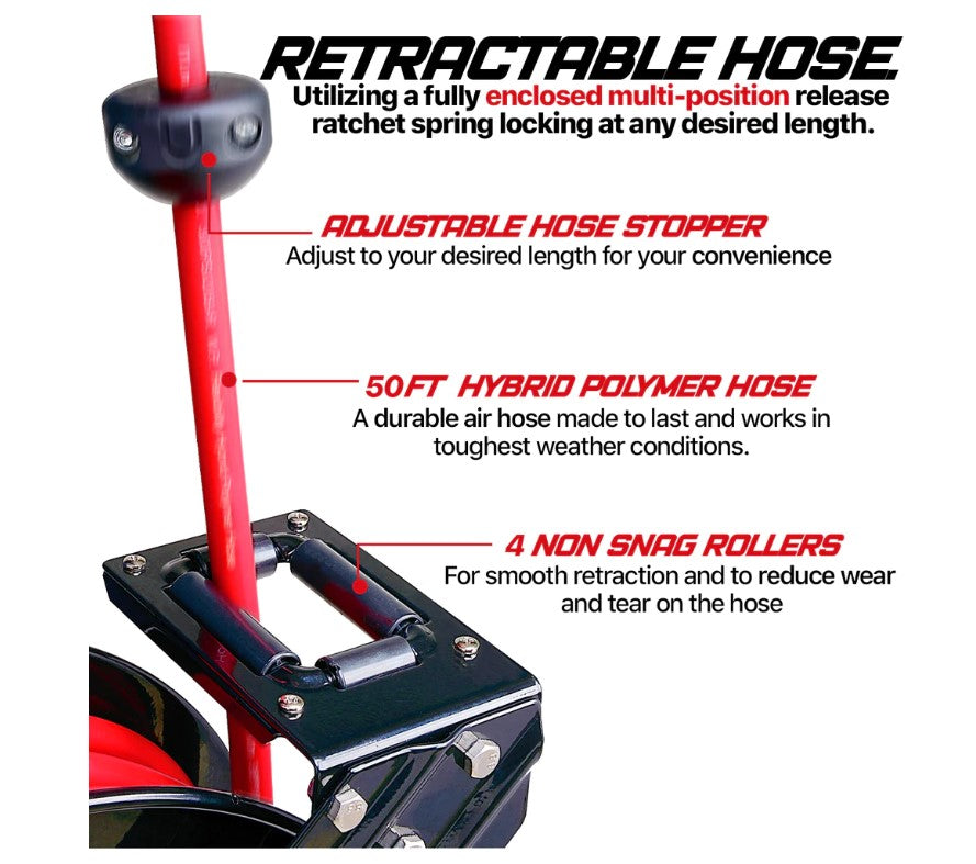 ReelWorks Retractable Air Hose Reel 3/8" x 50'FT 1/4" MNPT Connections Single Arm New