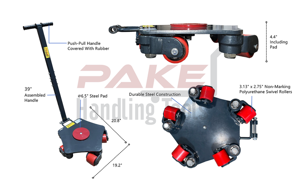Pake Handling Tools PAKRM02 5 Roller Steel Rotating Machine Dolly 8800 lb Capacity New