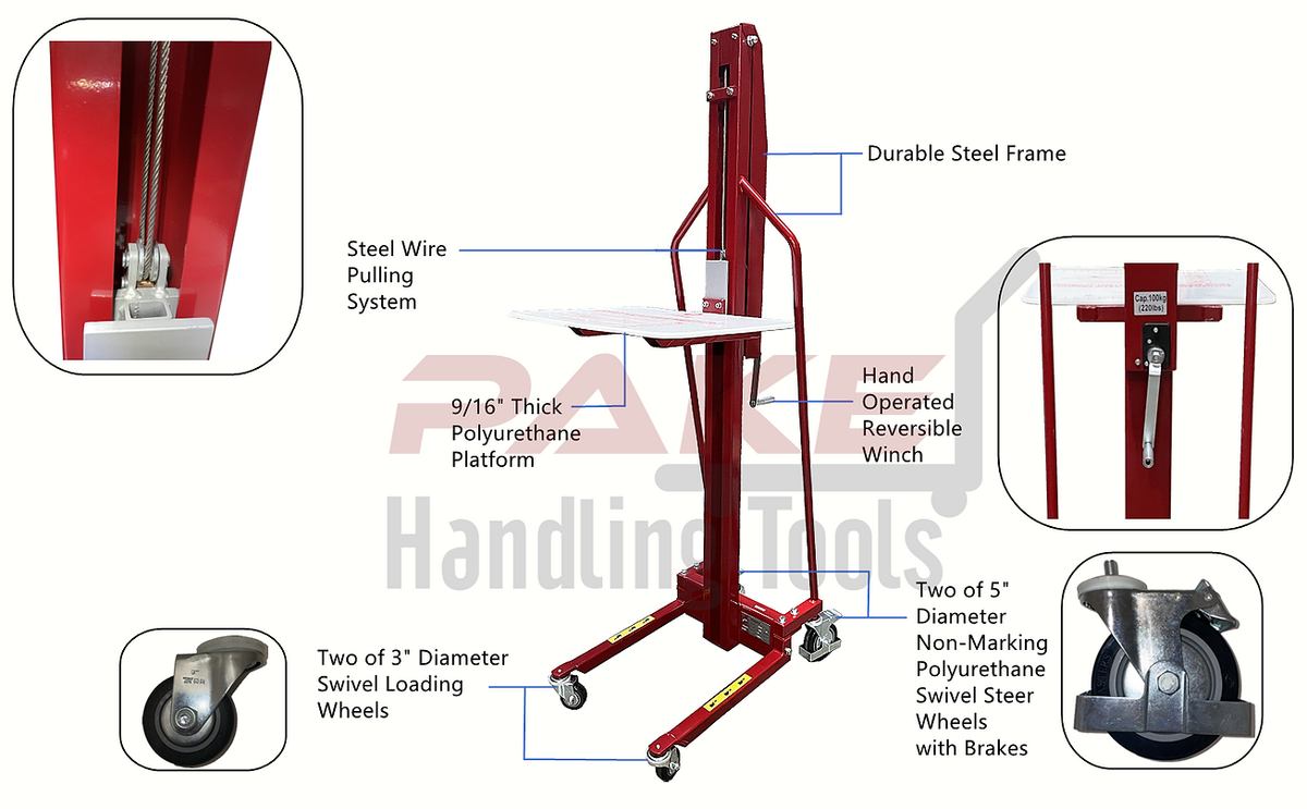 Pake Handling Tools PAKMS04 Winch Stacker Manual Work Positioner Truck 220lb Capacity 59" Lift Height New
