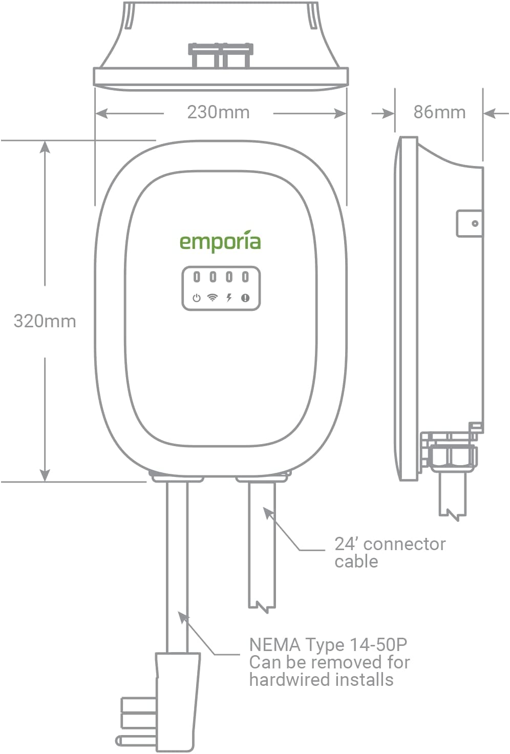 Emporia EMEVSE1UL 48A 24' Cable 22" NEMA 14-50 Energy Smart Electric V –  FactoryPure