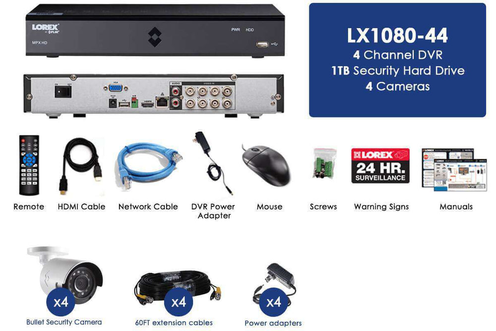 Lorex LX1080-44BW HD 1080p Indoor/Outdoor 4 Camera 4 Channel DVR Surveillance Security System New