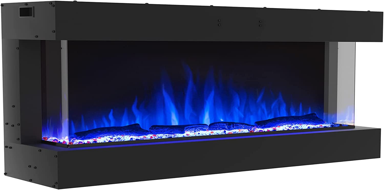 Valuxhome TS60 64 in. 1500W 3-Sided Recessed and Wall Mounted Electric Fireplace with Remote LED Lights Logs and Crystals Black New