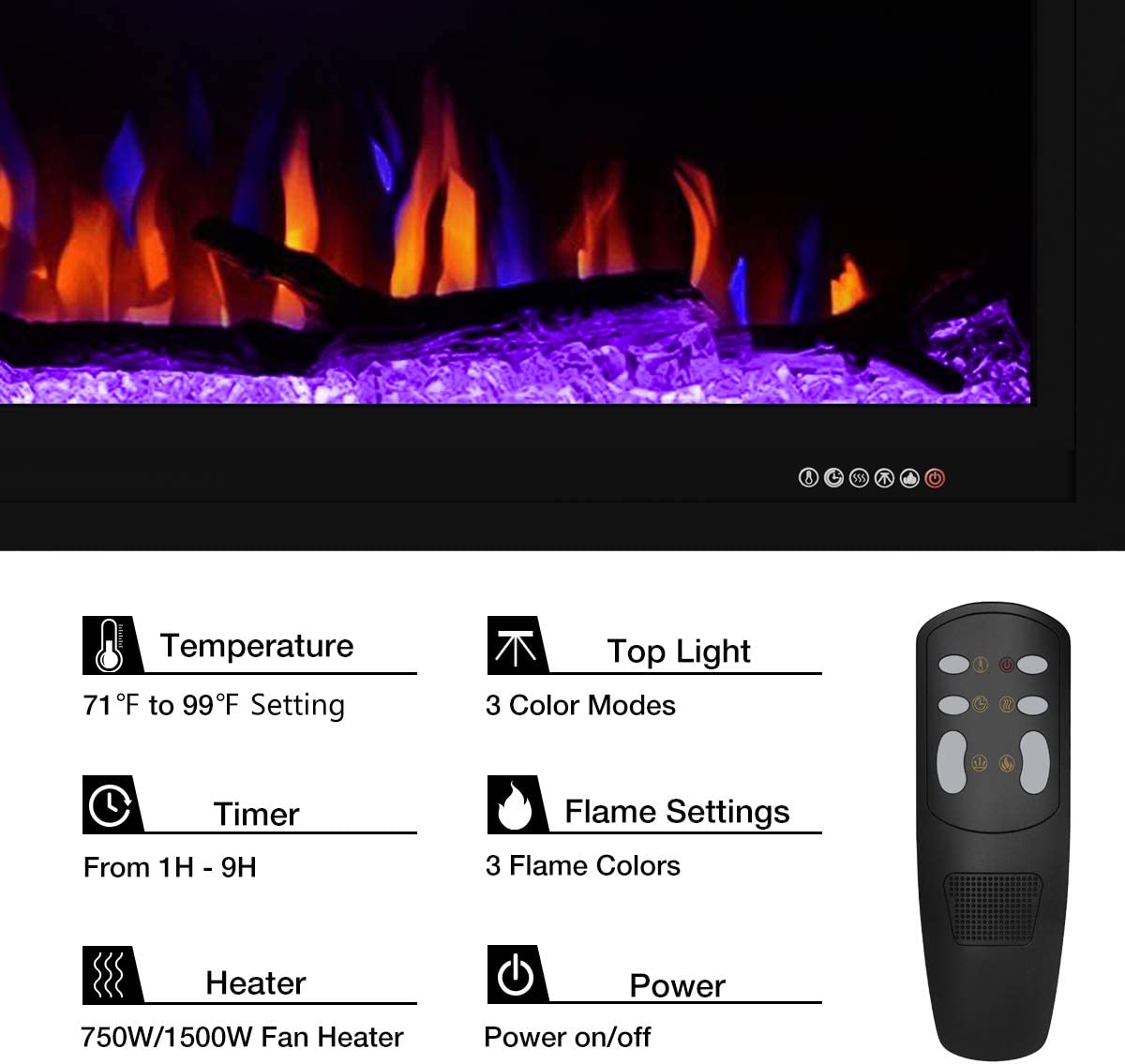 Valuxhome BI84 84 in. 750/1500W Recessed and Wall Mounted Electric Fireplace with Remote with LED Lights Log set and Crystals Black New