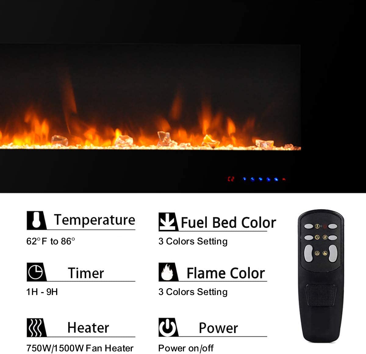 Valuxhome WM84 84 in. 750/1500W Wall Mounted Log and Crystals Fireplace with Remote Black New